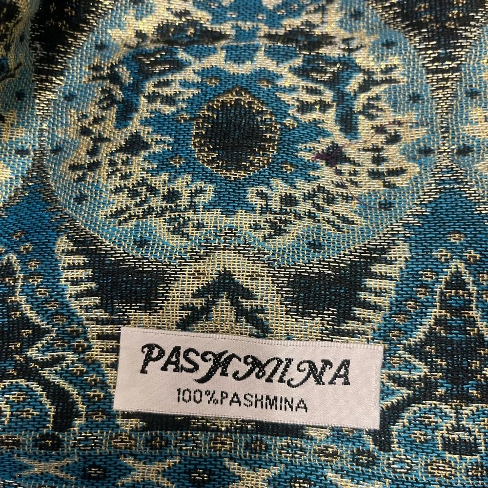 Pashmina Teal and Gold Patterned Scarf